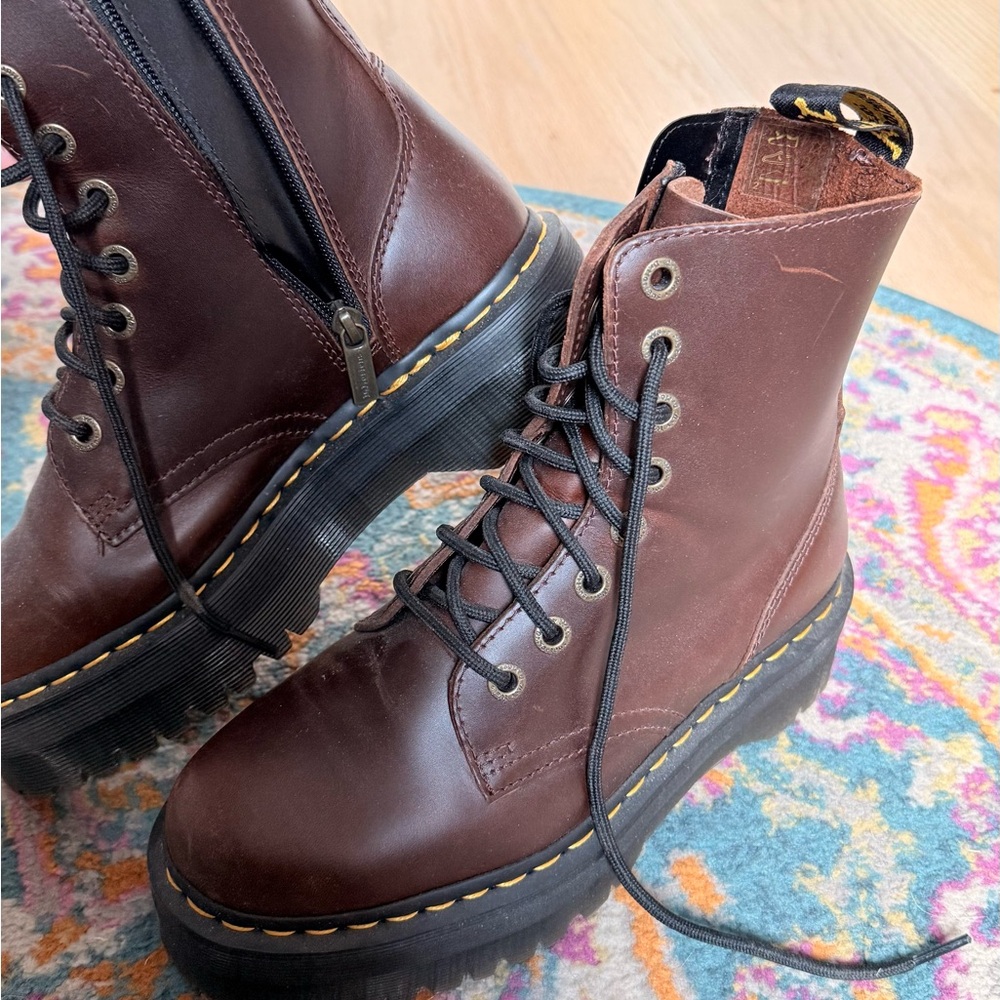 Doc Marten Brown Leather Combat Boots with Yellow Stitching